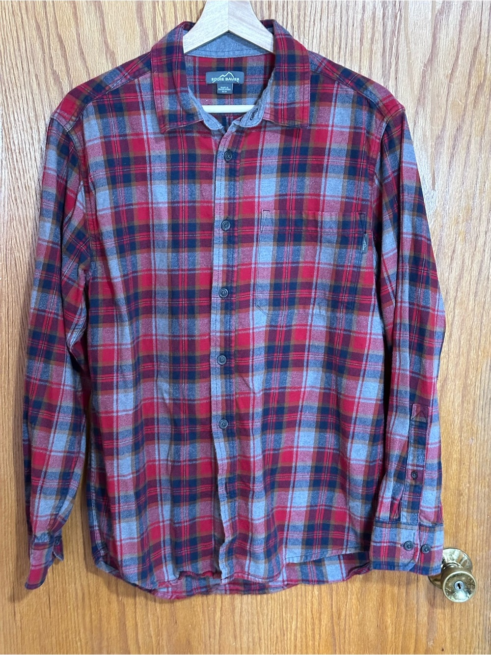 Eddie‎ Bauer Red and Gray Plaid Button-Down Shirt